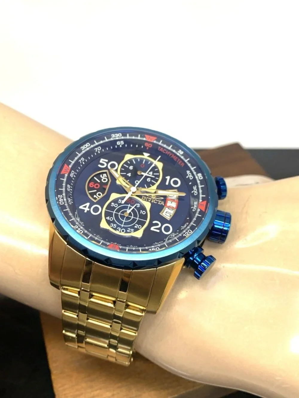 Invicta Men's Watch 19173 Aviator Quartz Chronograph Blue Dial Gold Steel 48mm